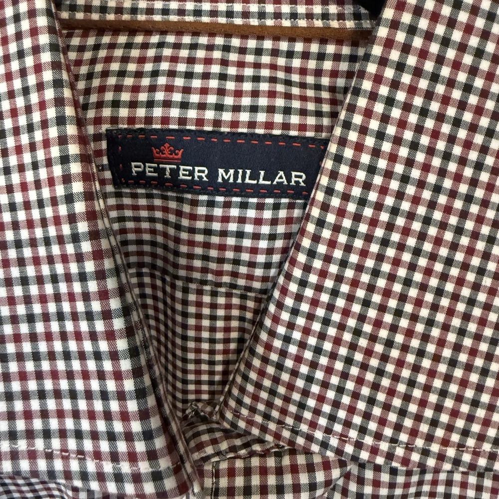 Peter Millar Men's Long Sleeve Button-Up, Size 15.5, Red, White And Blue Plaid